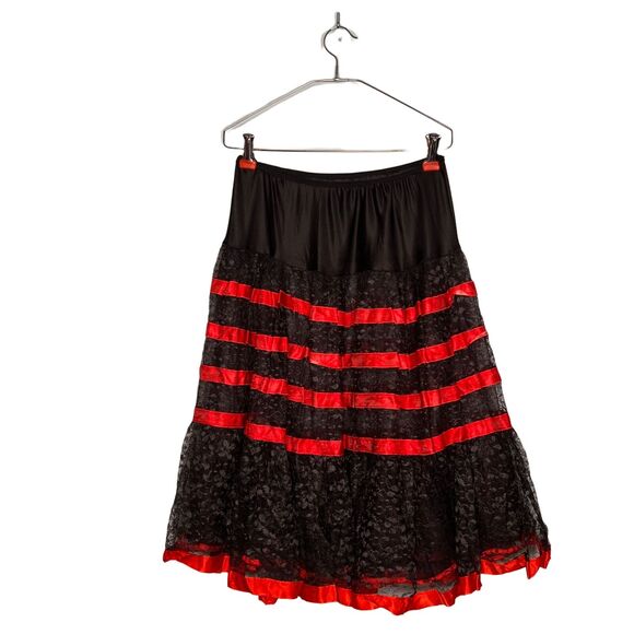 Vintage 50s Size Small Black Lace Can Can Crinoline Half Slip Womens Red Ribbon - Picture 7 of 8